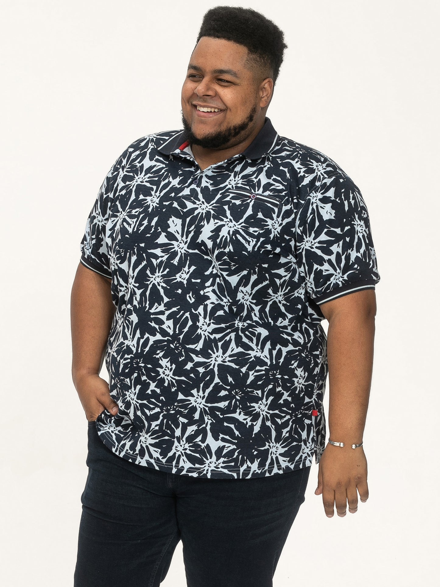 HALIFAX -D555 Blue All Over Hawaiian Print Short Sleeve Polo