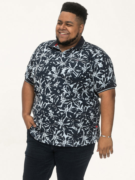 HALIFAX -D555 Blue All Over Hawaiian Print Short Sleeve Polo
