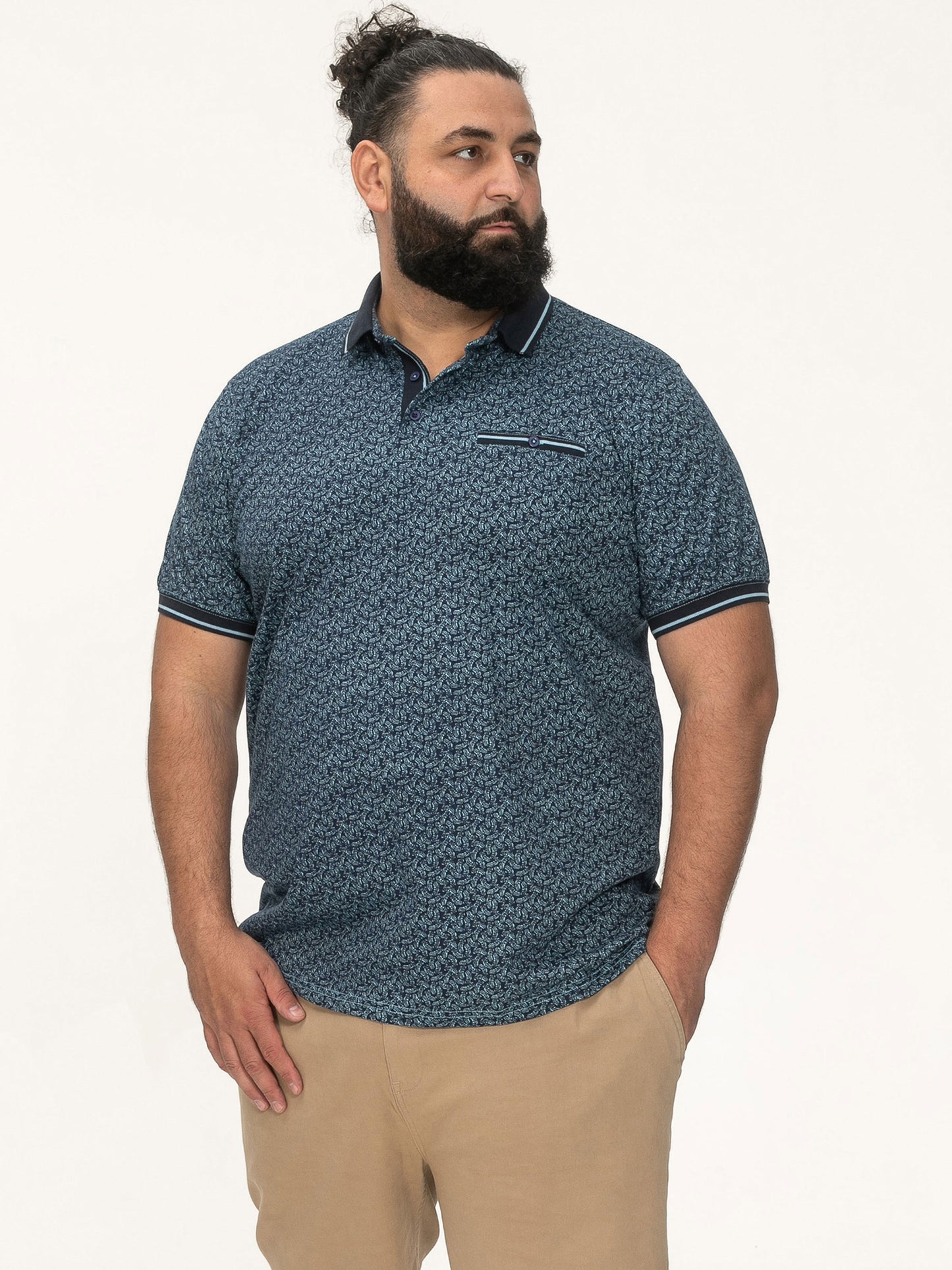 WOOLWICH -D555 Blue All Over Print Polo Shirt with Ribbed Collar and Cuffs