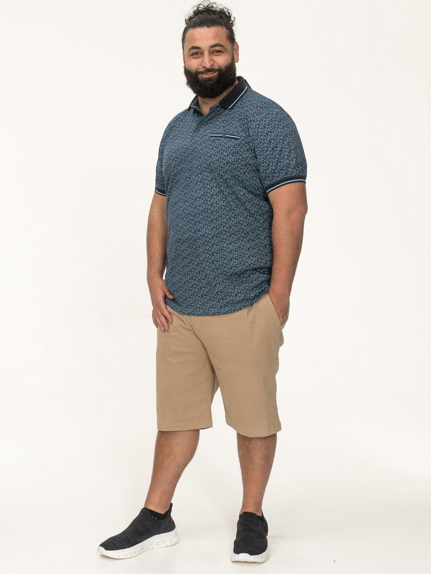 WOOLWICH -D555 Blue All Over Print Polo Shirt with Ribbed Collar and Cuffs