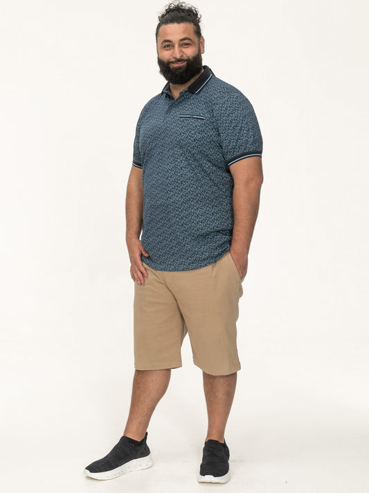 WOOLWICH -D555 Blue All Over Print Polo Shirt with Ribbed Collar and Cuffs