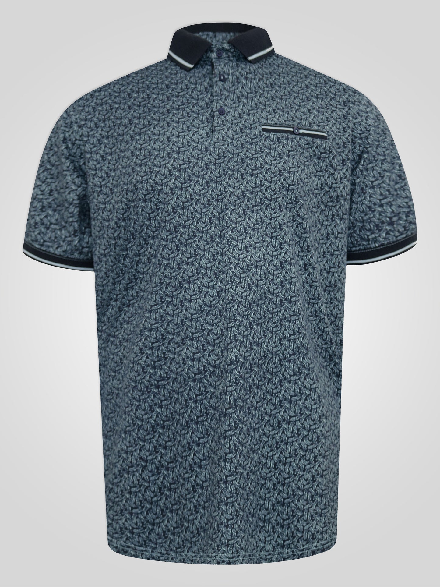 WOOLWICH -D555 Blue All Over Print Polo Shirt with Ribbed Collar and Cuffs