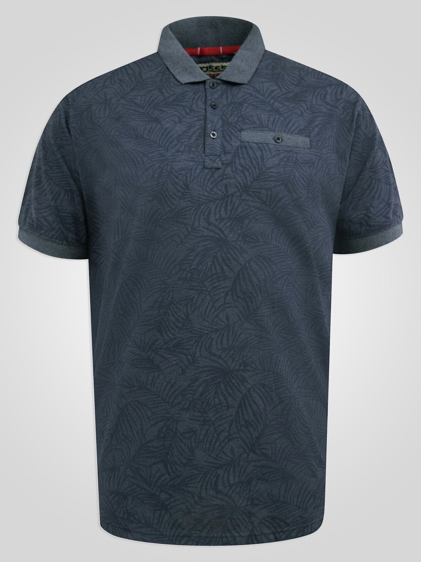 UTTOXETER -D555 Denim Blue All Over Leaf Print Short Sleeve Polo
