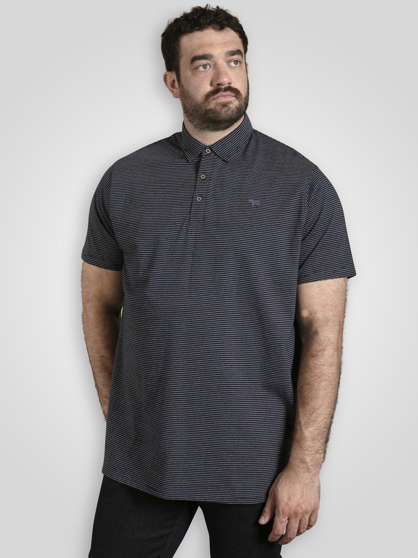 SCUNTHORPE -D555 Navy Blue Feeder Stripe Jersey Polo with Bear Embroidery