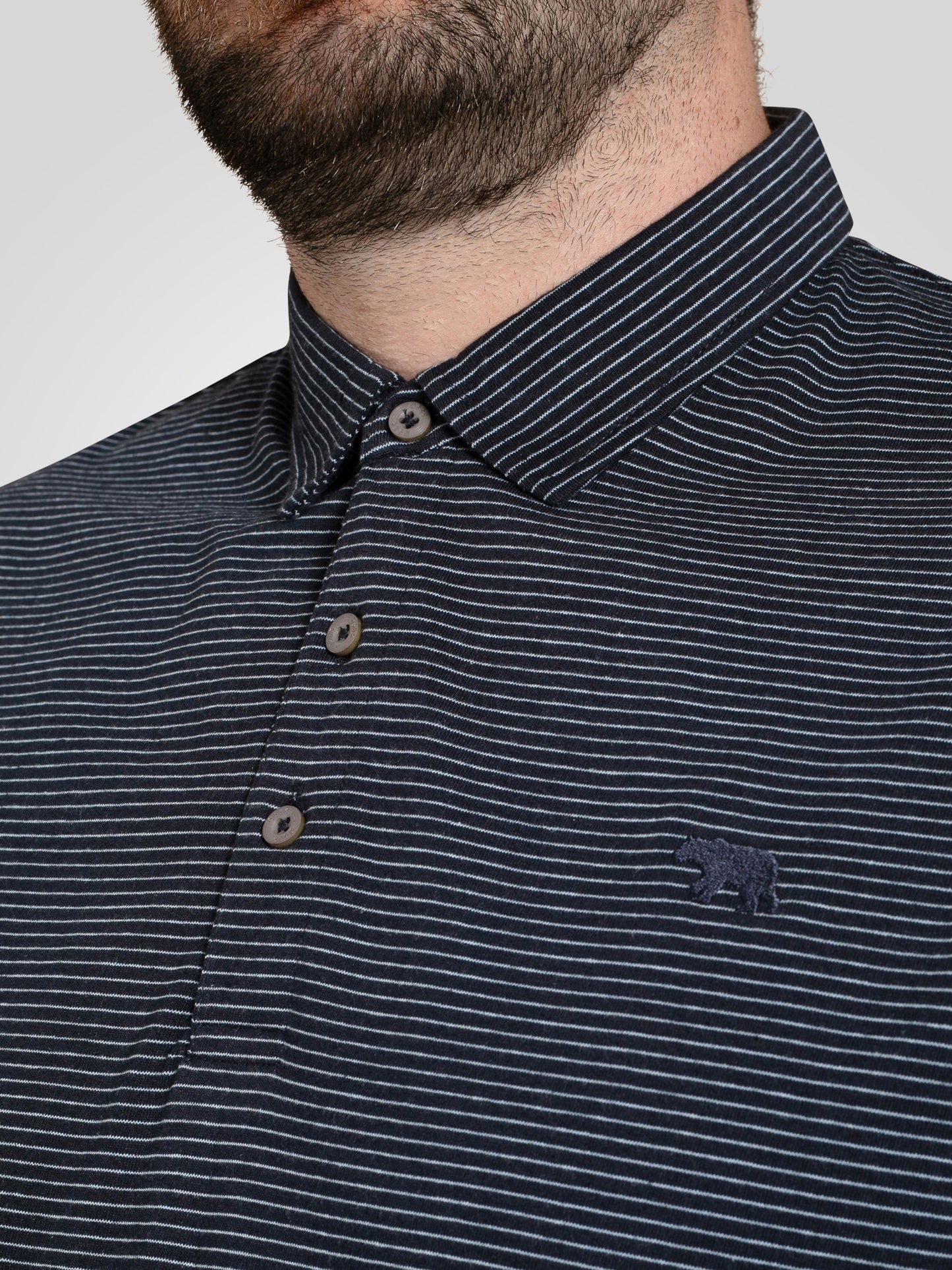 SCUNTHORPE -D555 Navy Blue Feeder Stripe Jersey Polo with Bear Embroidery