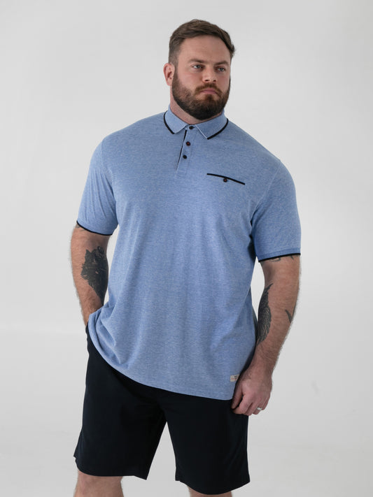 HARVEY 1 -D555 Blue Jacquard Collar and Cuffs Pique Polo with Pocket