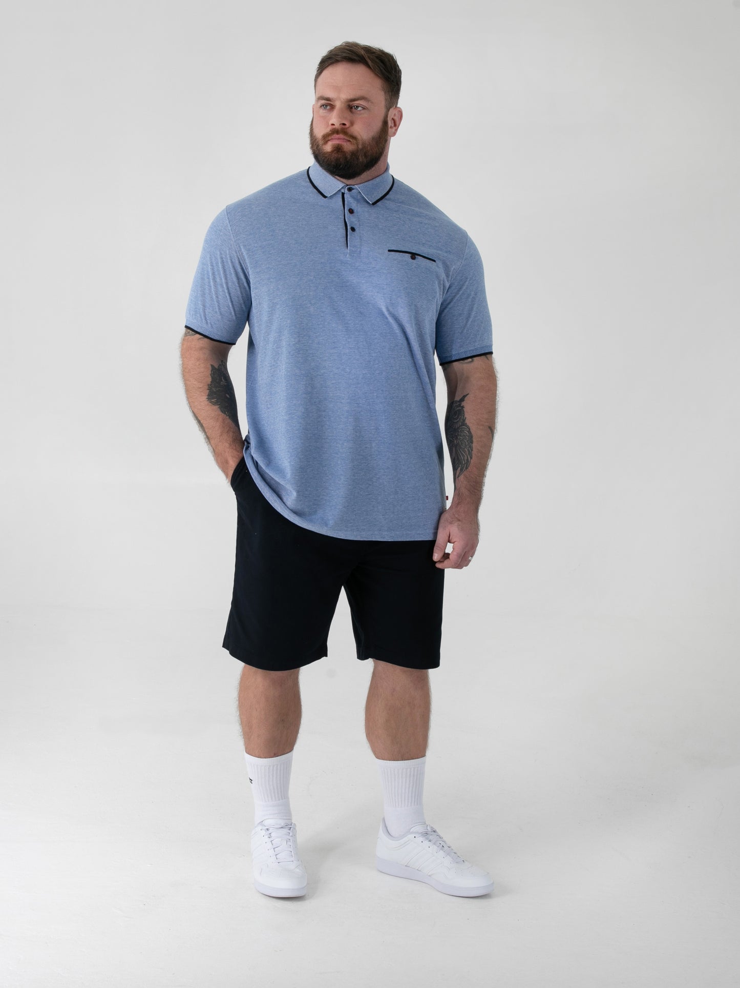 HARVEY 1 -D555 Blue Jacquard Collar and Cuffs Pique Polo with Pocket
