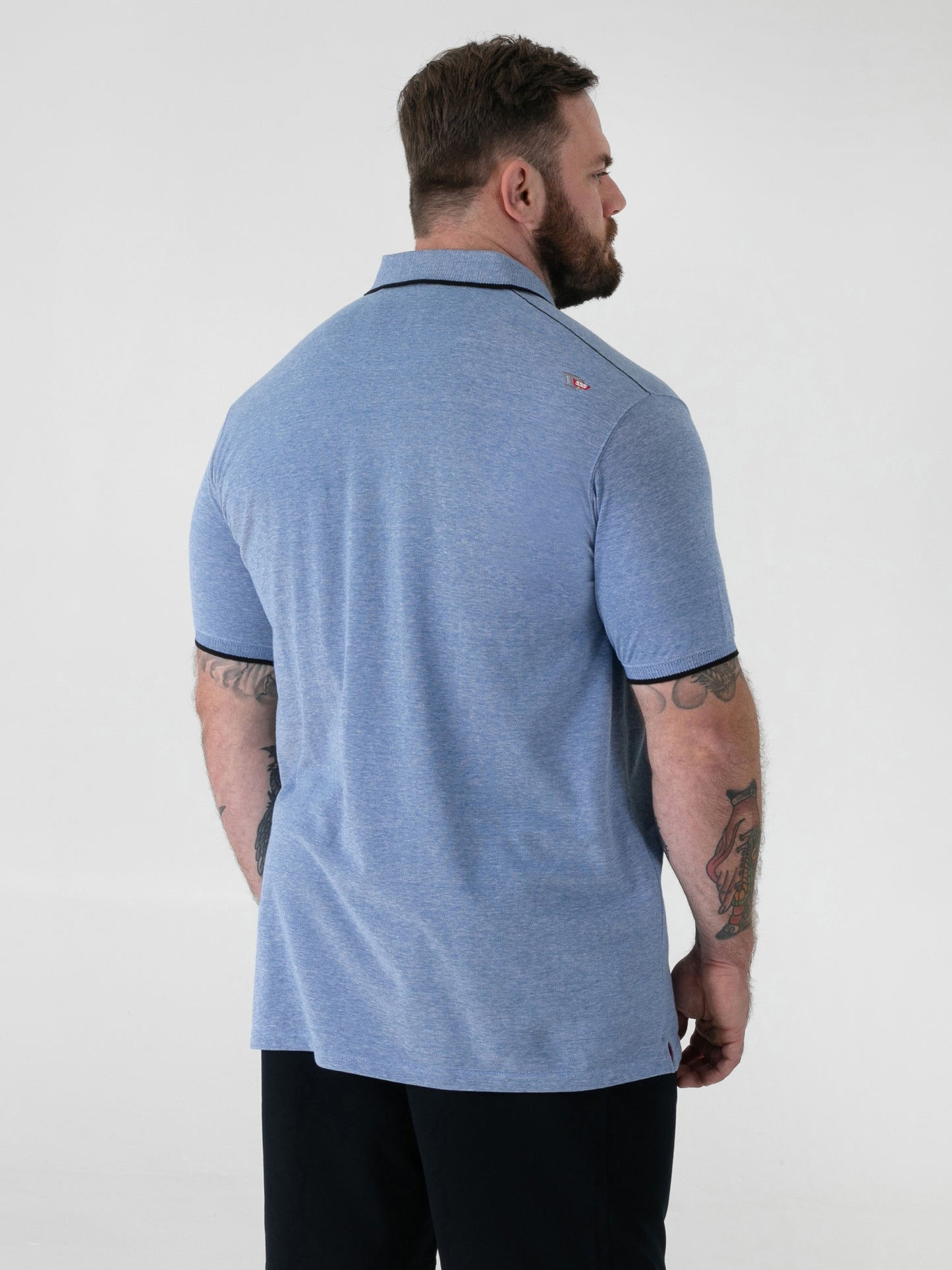 HARVEY 1 -D555 Blue Jacquard Collar and Cuffs Pique Polo with Pocket