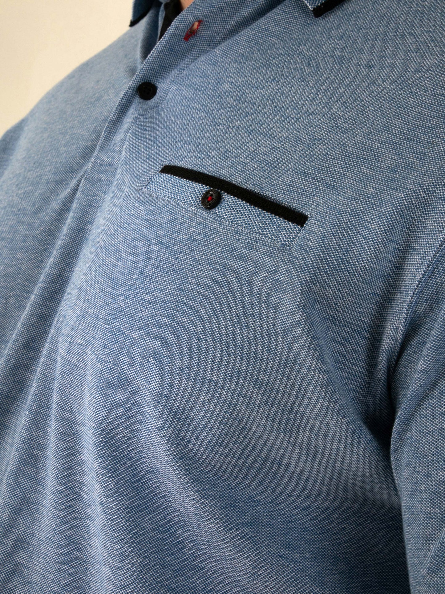 HARVEY 1 -D555 Blue Jacquard Collar and Cuffs Pique Polo with Pocket