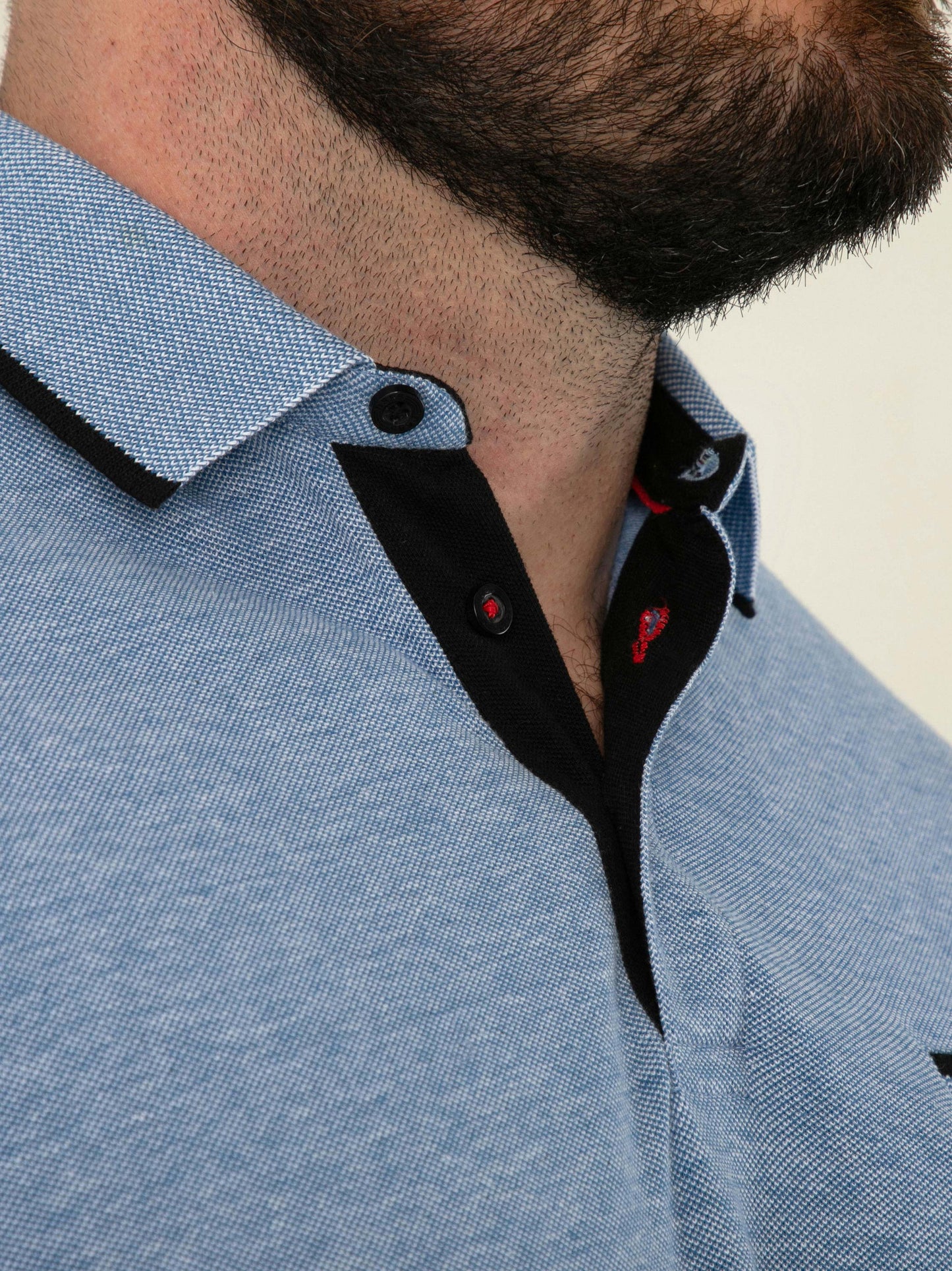 HARVEY 1 -D555 Blue Jacquard Collar and Cuffs Pique Polo with Pocket