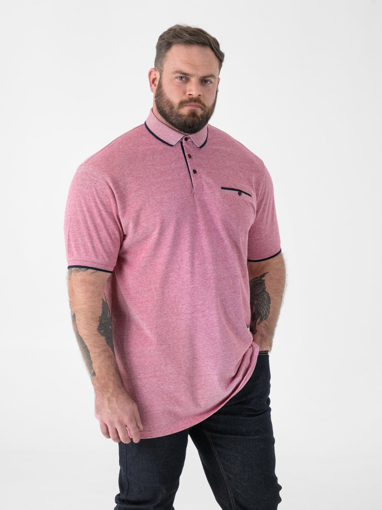 HARVEY 2 -D555 Red Jacquard Collar and Cuffs Pique Polo with Pocket