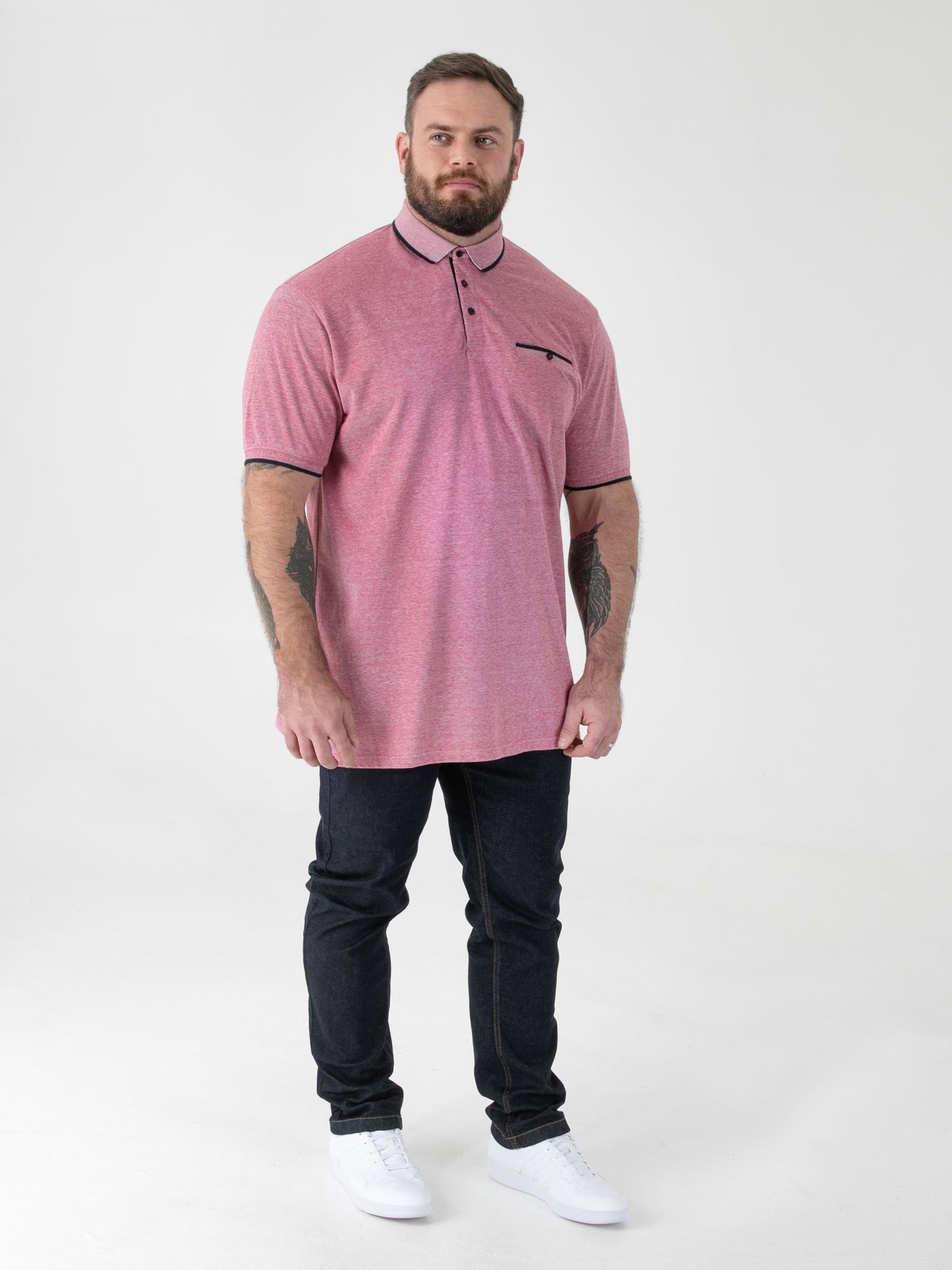 HARVEY 2 -D555 Red Jacquard Collar and Cuffs Pique Polo with Pocket