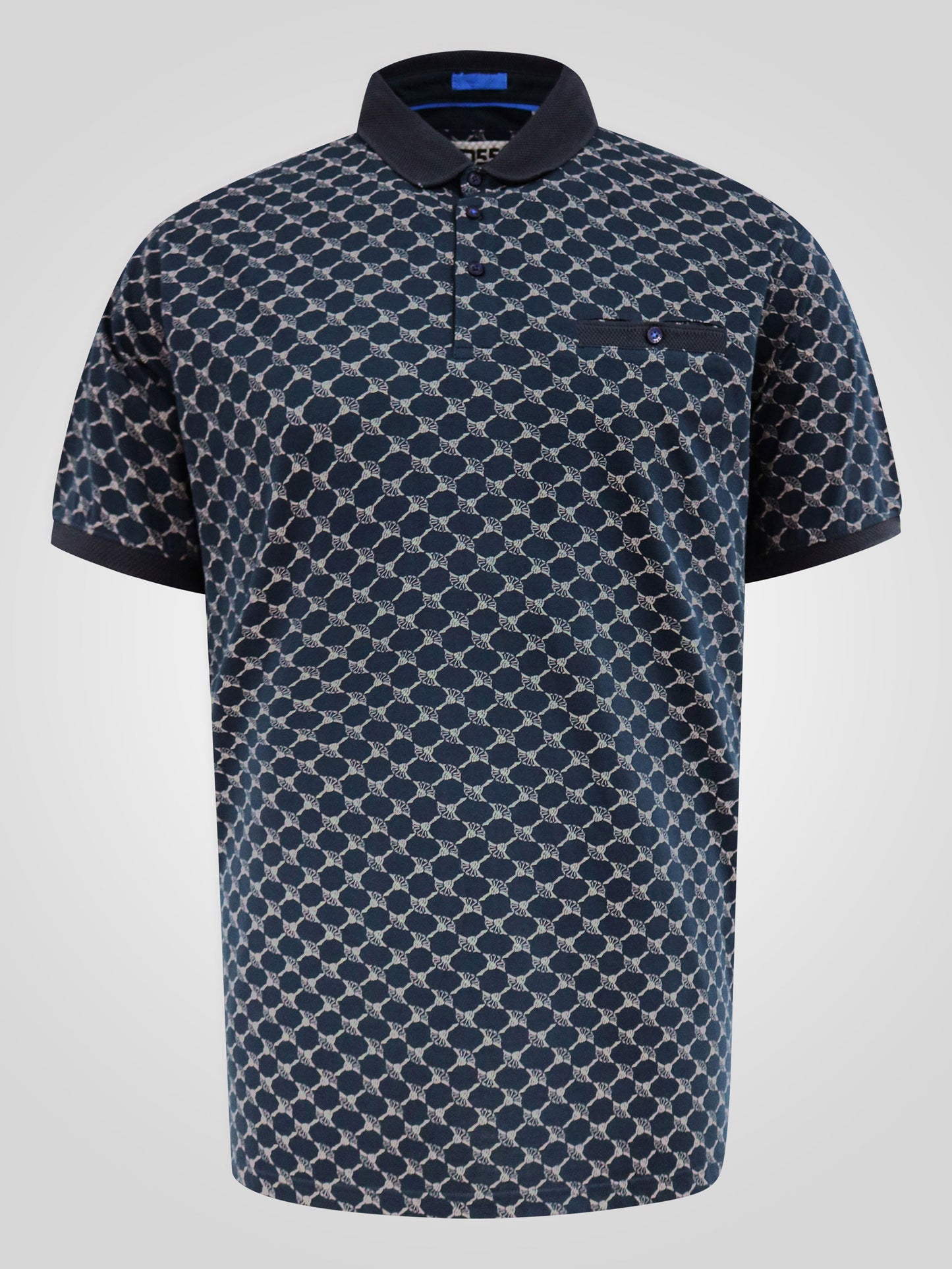 SAUNDERS -D555 Navy Blue AO Printed Polo with Jacquard Collar and Cuff and Pocket