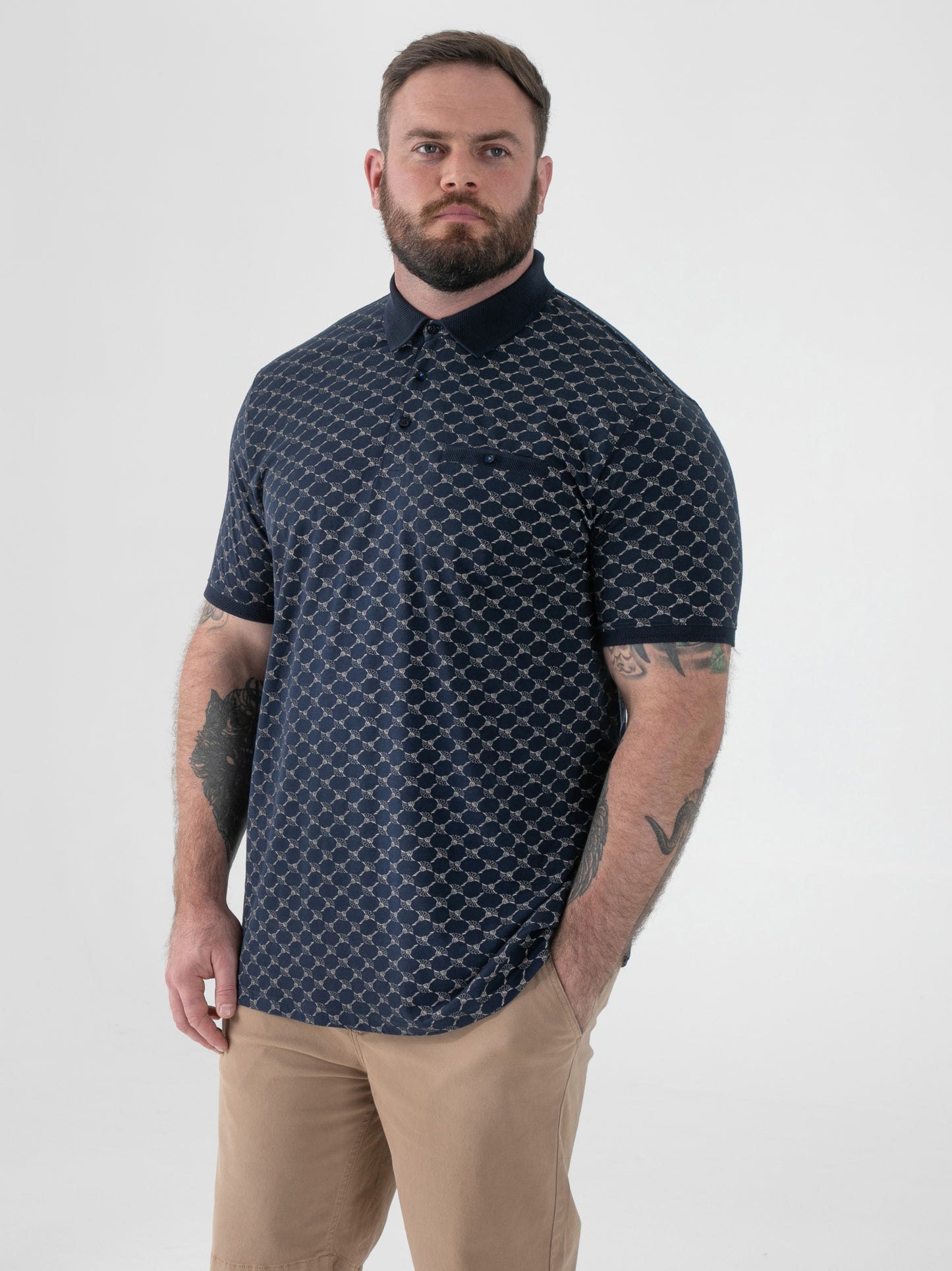 SAUNDERS -D555 Navy Blue AO Printed Polo with Jacquard Collar and Cuff and Pocket