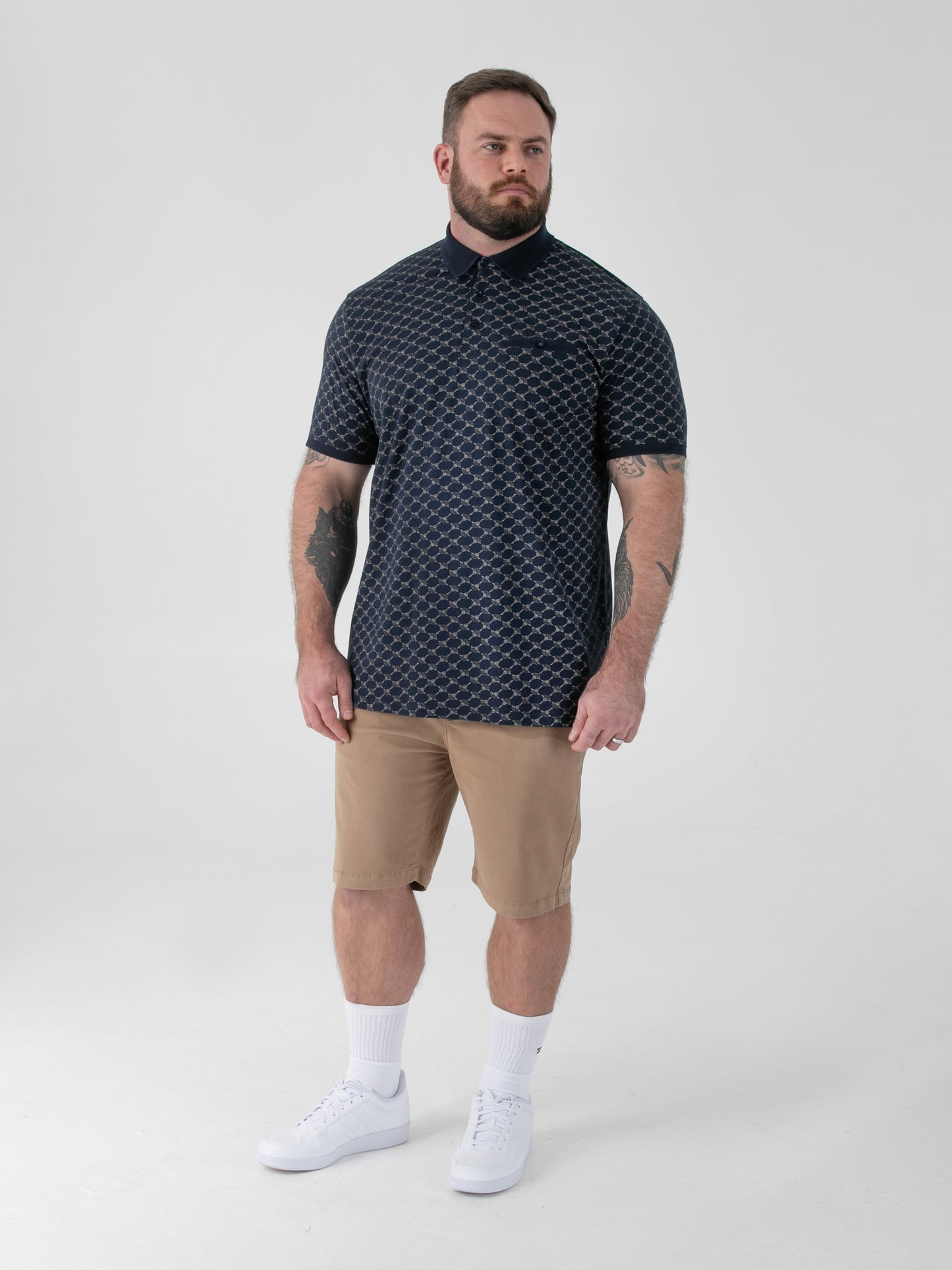 SAUNDERS -D555 Navy Blue AO Printed Polo with Jacquard Collar and Cuff and Pocket