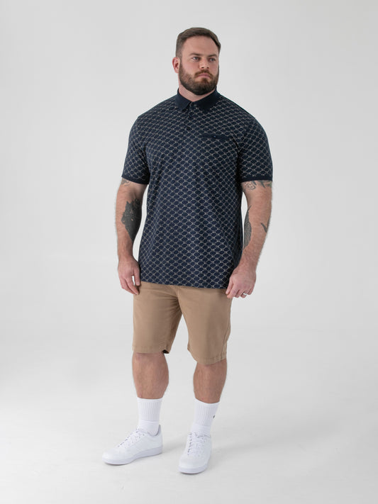 SAUNDERS -D555 Navy Blue AO Printed Polo with Jacquard Collar and Cuff and Pocket