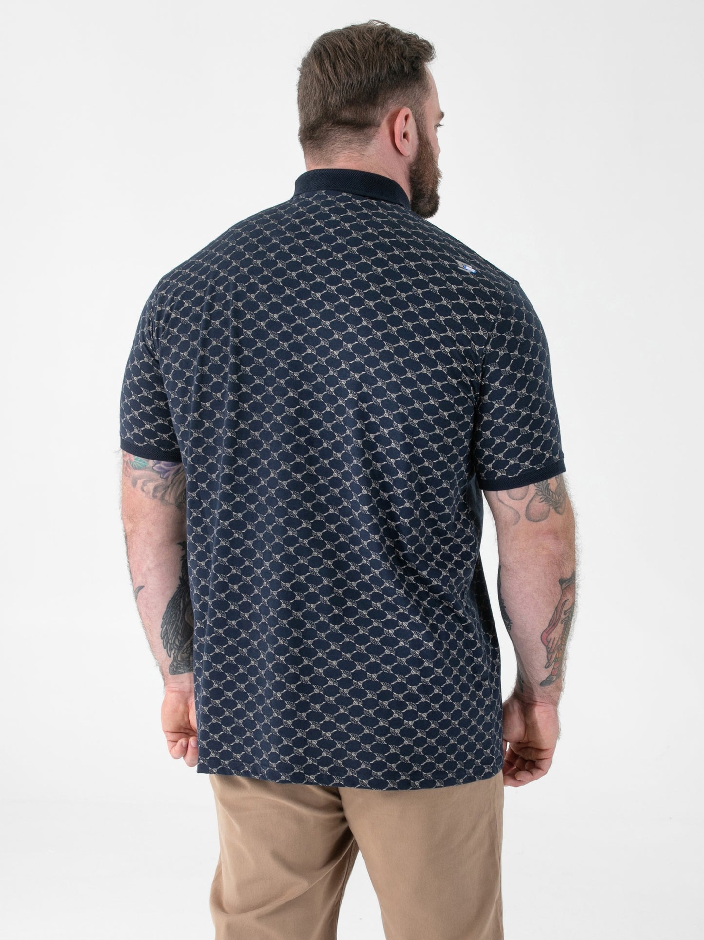 SAUNDERS -D555 Navy Blue AO Printed Polo with Jacquard Collar and Cuff and Pocket