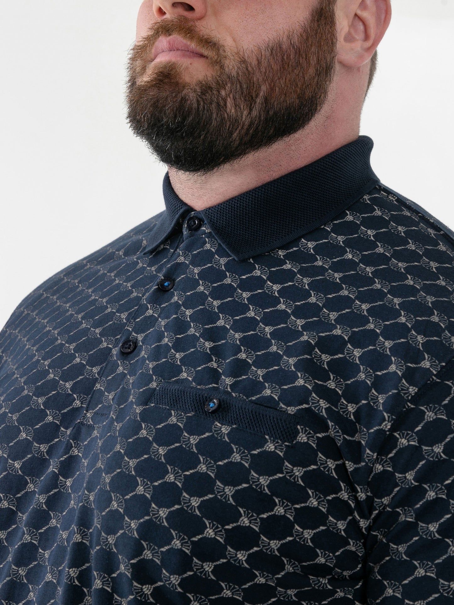 SAUNDERS -D555 Navy Blue AO Printed Polo with Jacquard Collar and Cuff and Pocket