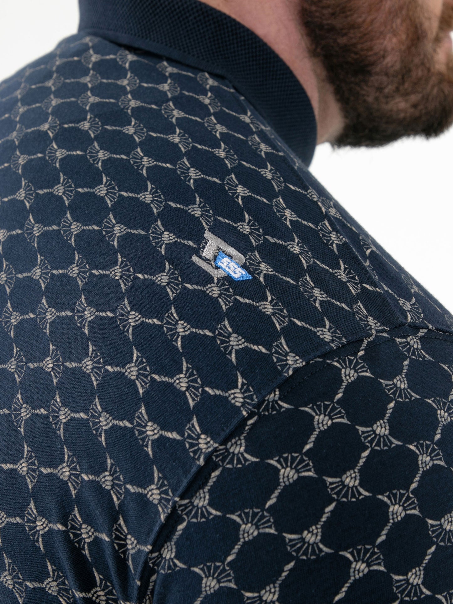 SAUNDERS -D555 Navy Blue AO Printed Polo with Jacquard Collar and Cuff and Pocket