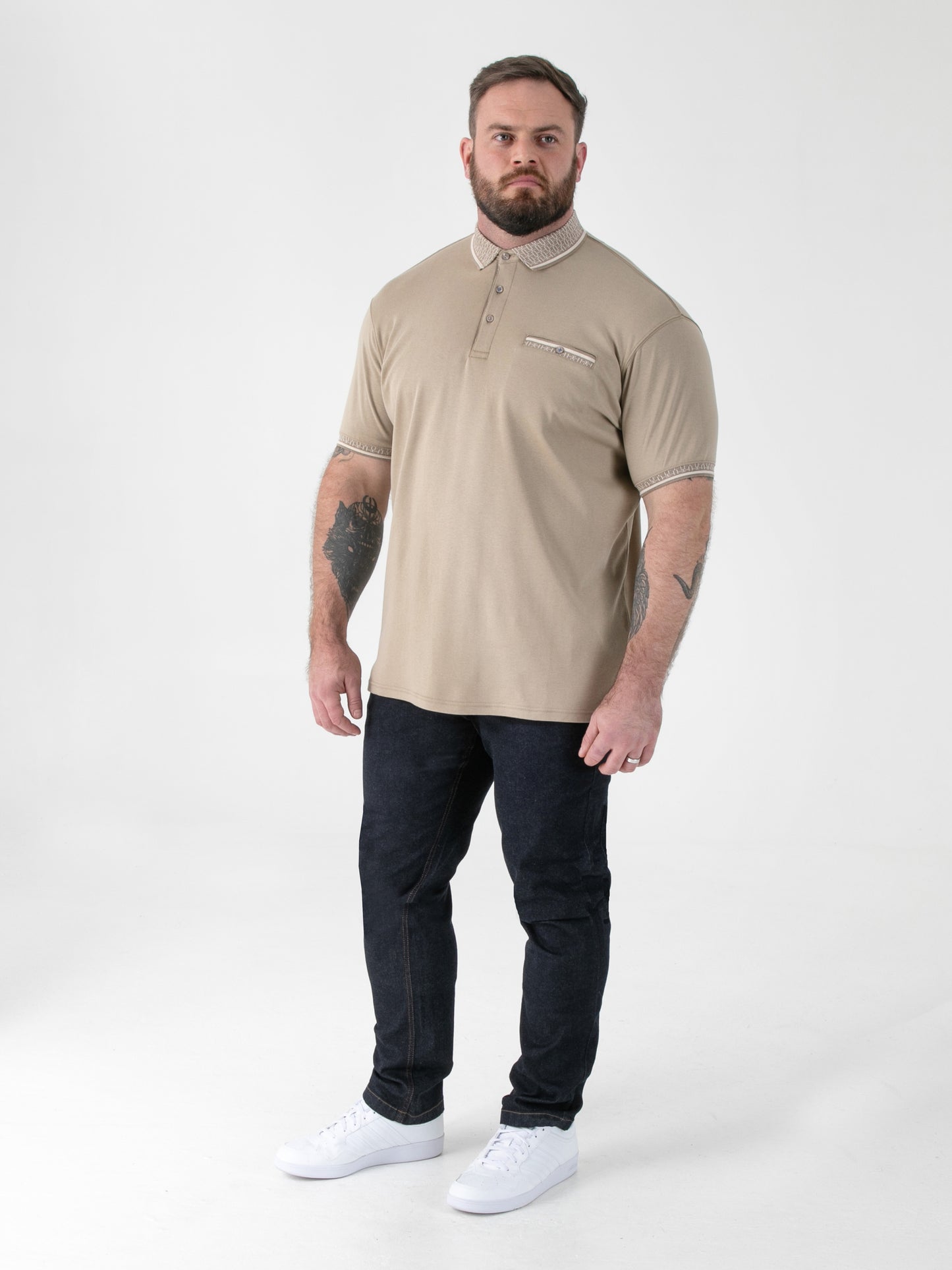 BARRETT 1 -D555 Stone Interlock Polo with Jacquard Collar and Chest Pocket