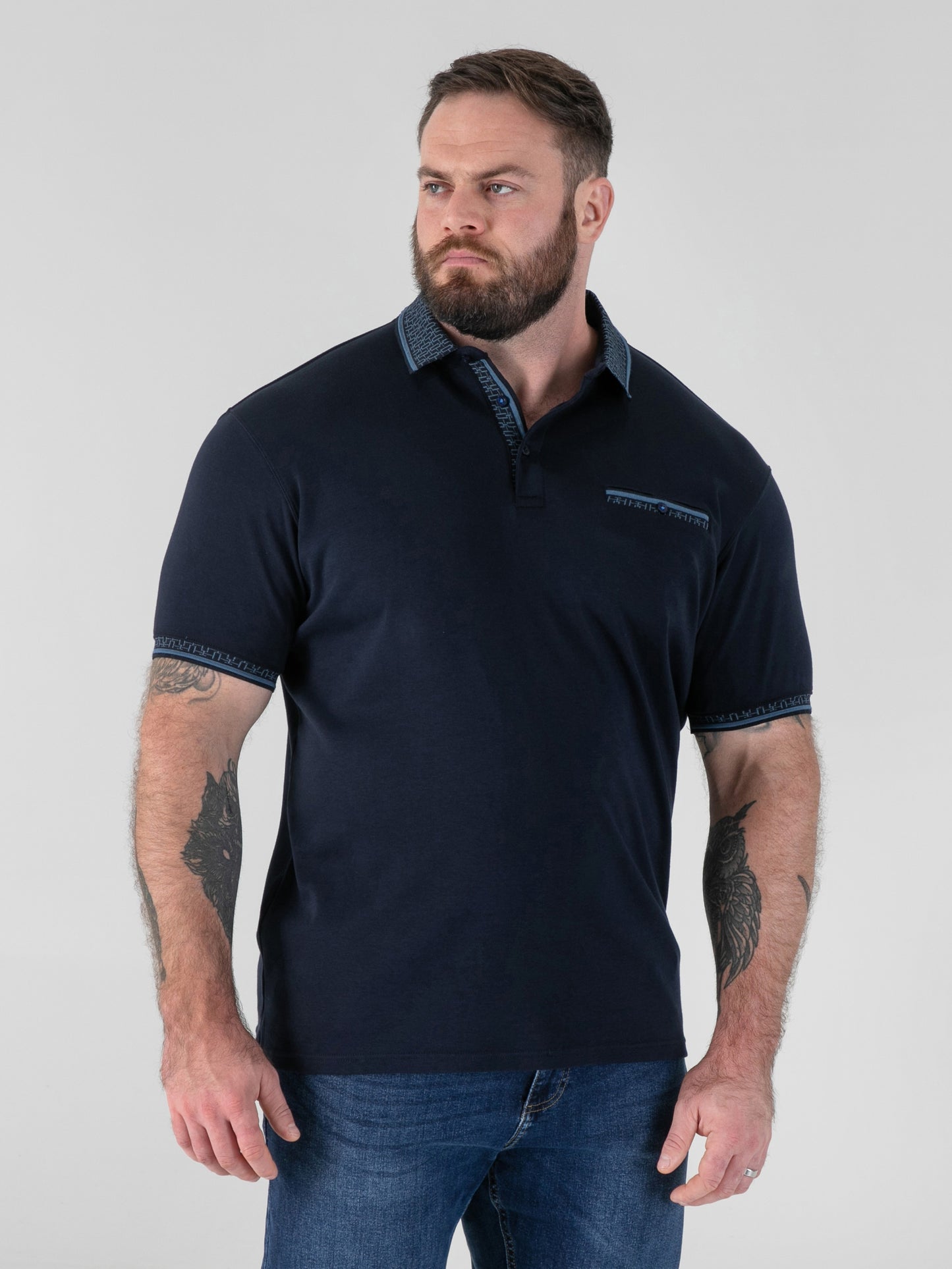 BARRETT 2 -D555 Navy Blue Interlock Polo with Jacquard Collar and Chest Pocket
