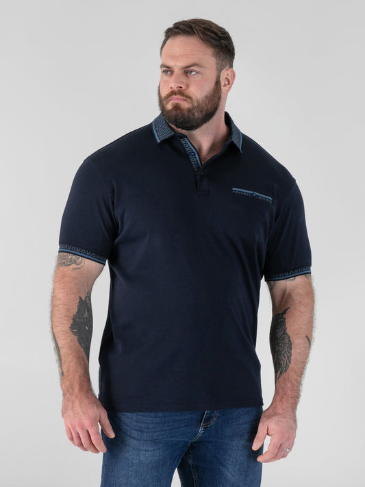 BARRETT 2 -D555 Navy Blue Interlock Polo with Jacquard Collar and Chest Pocket