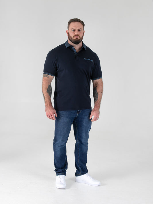 BARRETT 2 -D555 Navy Blue Interlock Polo with Jacquard Collar and Chest Pocket