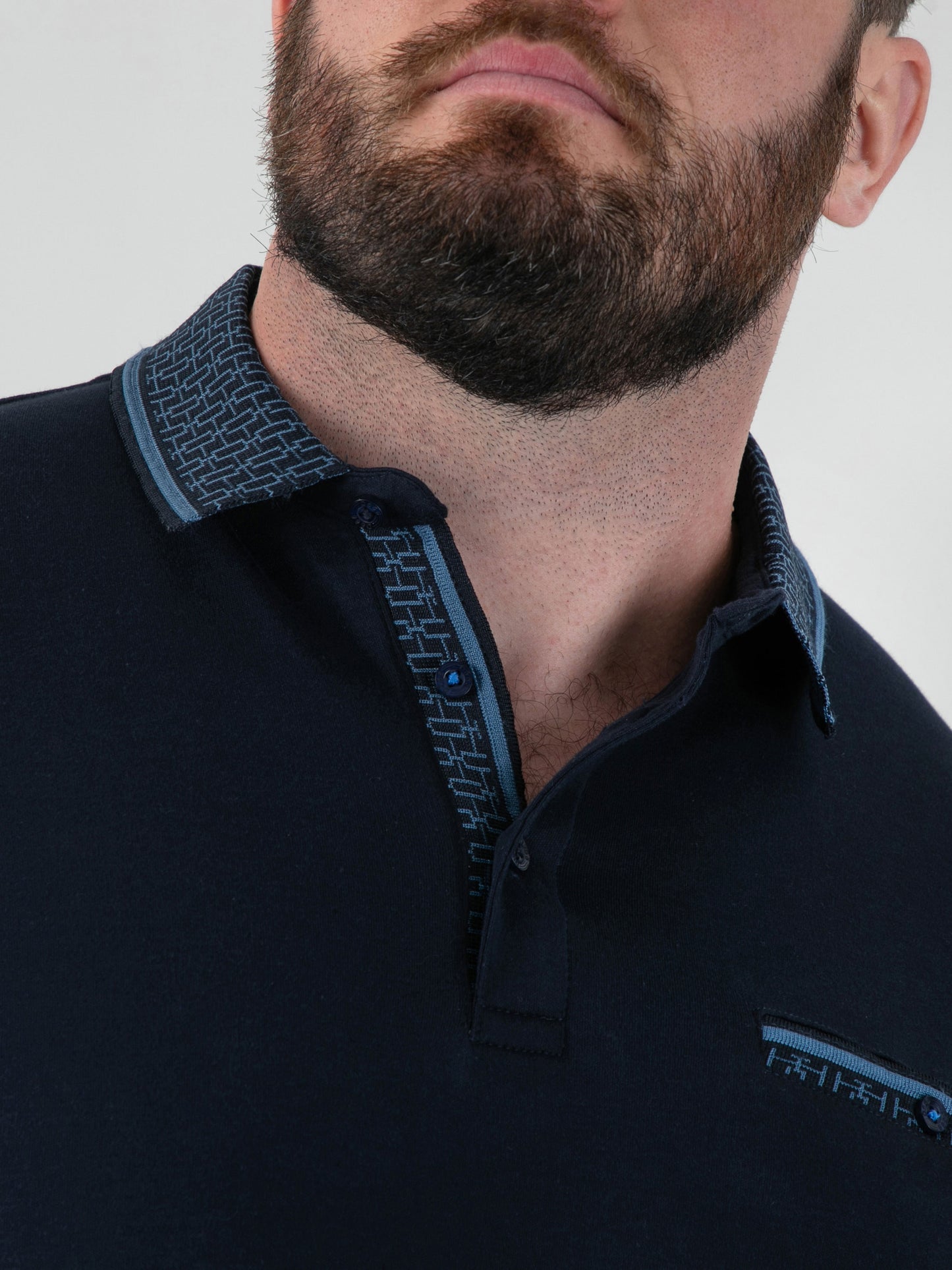 BARRETT 2 -D555 Navy Blue Interlock Polo with Jacquard Collar and Chest Pocket