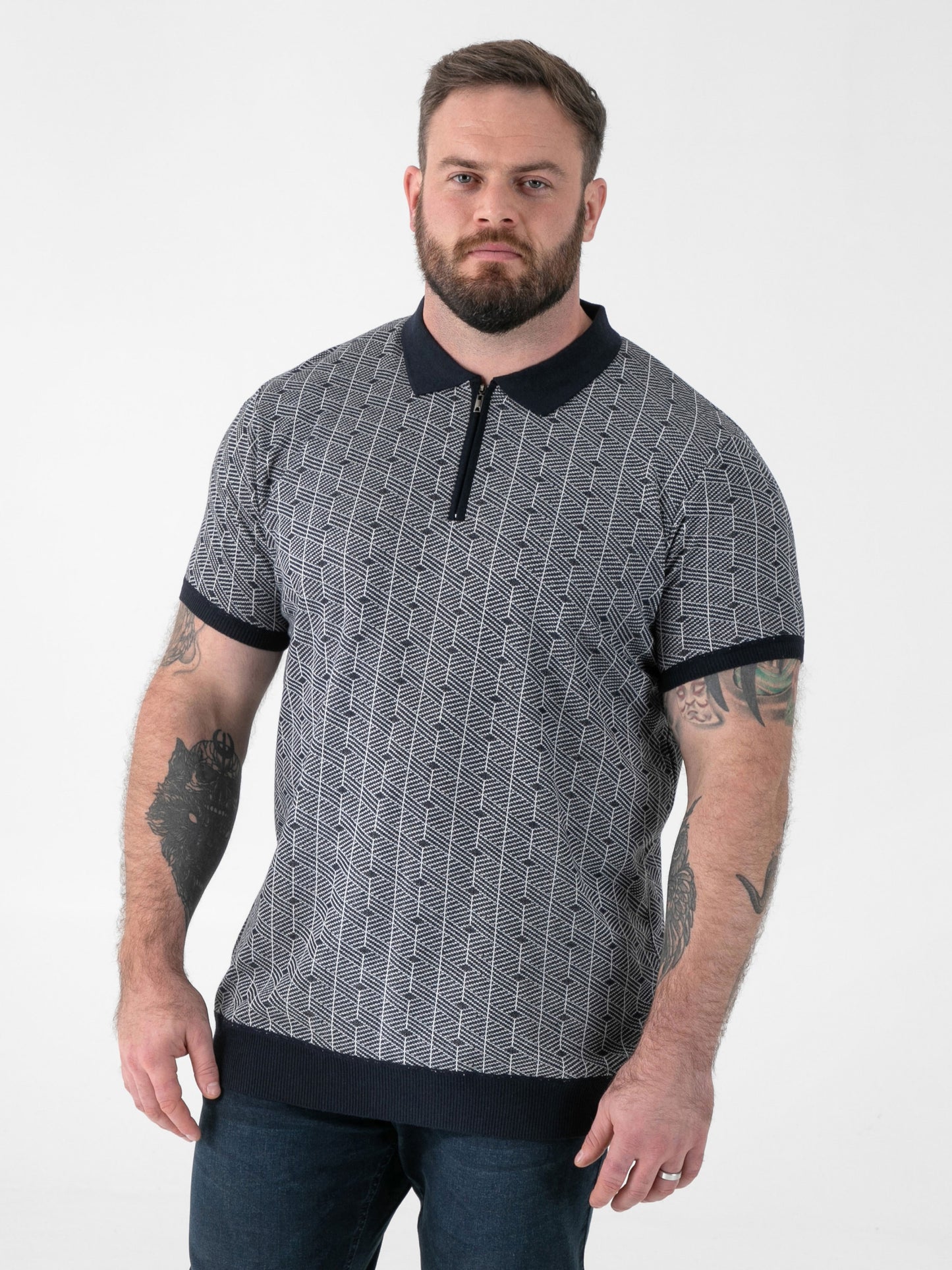 PERRY -D555 Navy Blue Jacquard Knitted Polo with Quarter Neck Zip