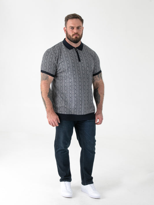 PERRY -D555 Navy Blue Jacquard Knitted Polo with Quarter Neck Zip
