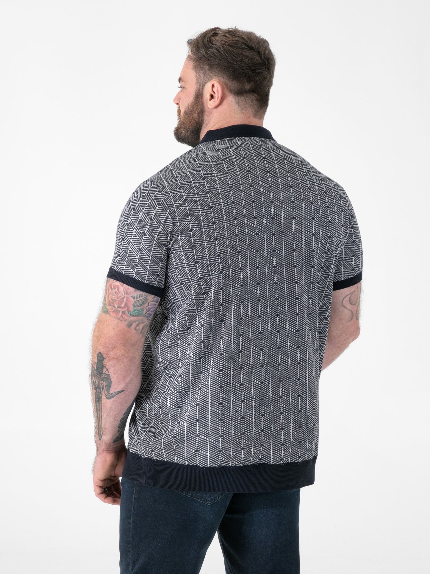 PERRY -D555 Navy Blue Jacquard Knitted Polo with Quarter Neck Zip