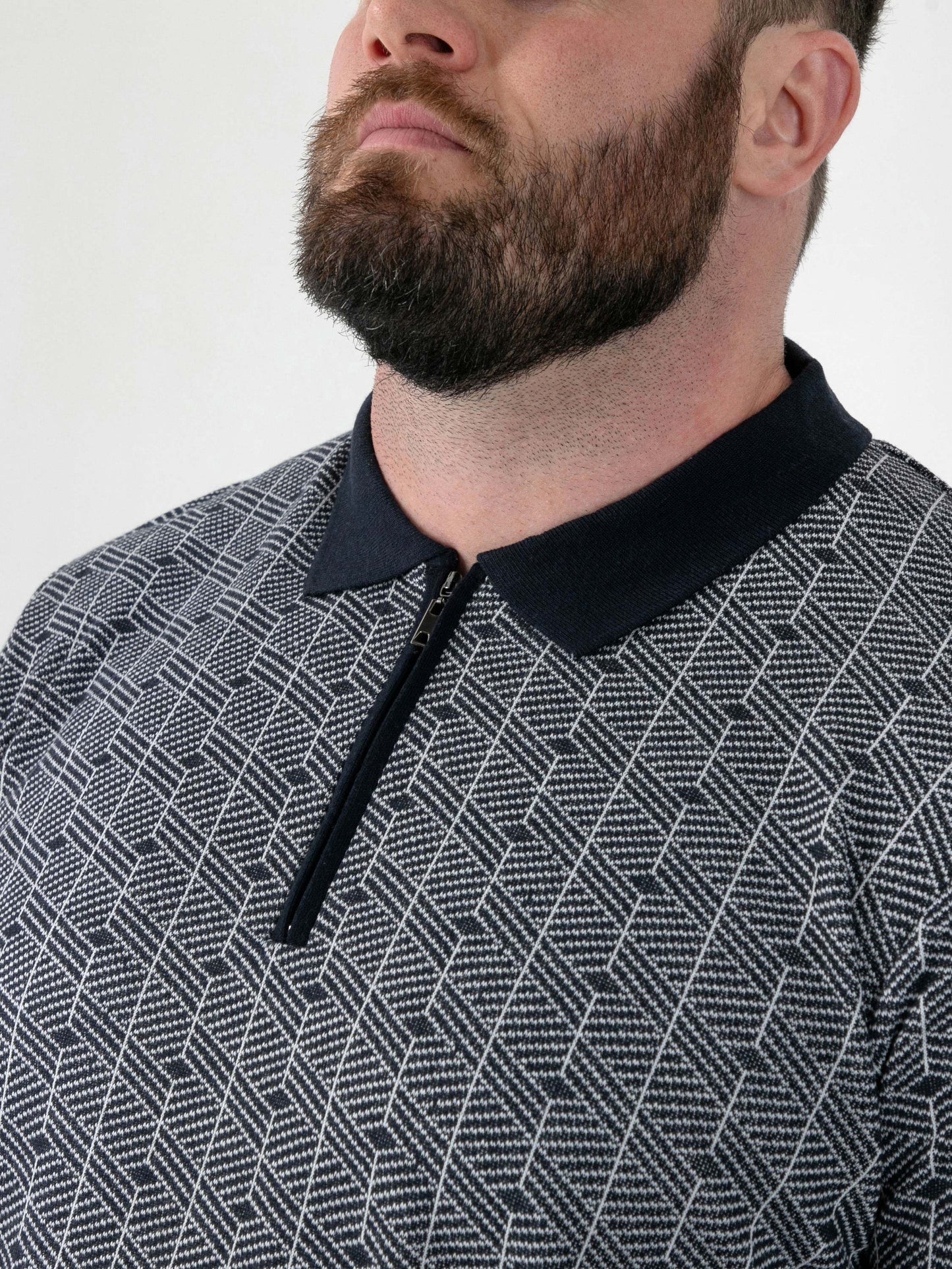 PERRY -D555 Navy Blue Jacquard Knitted Polo with Quarter Neck Zip