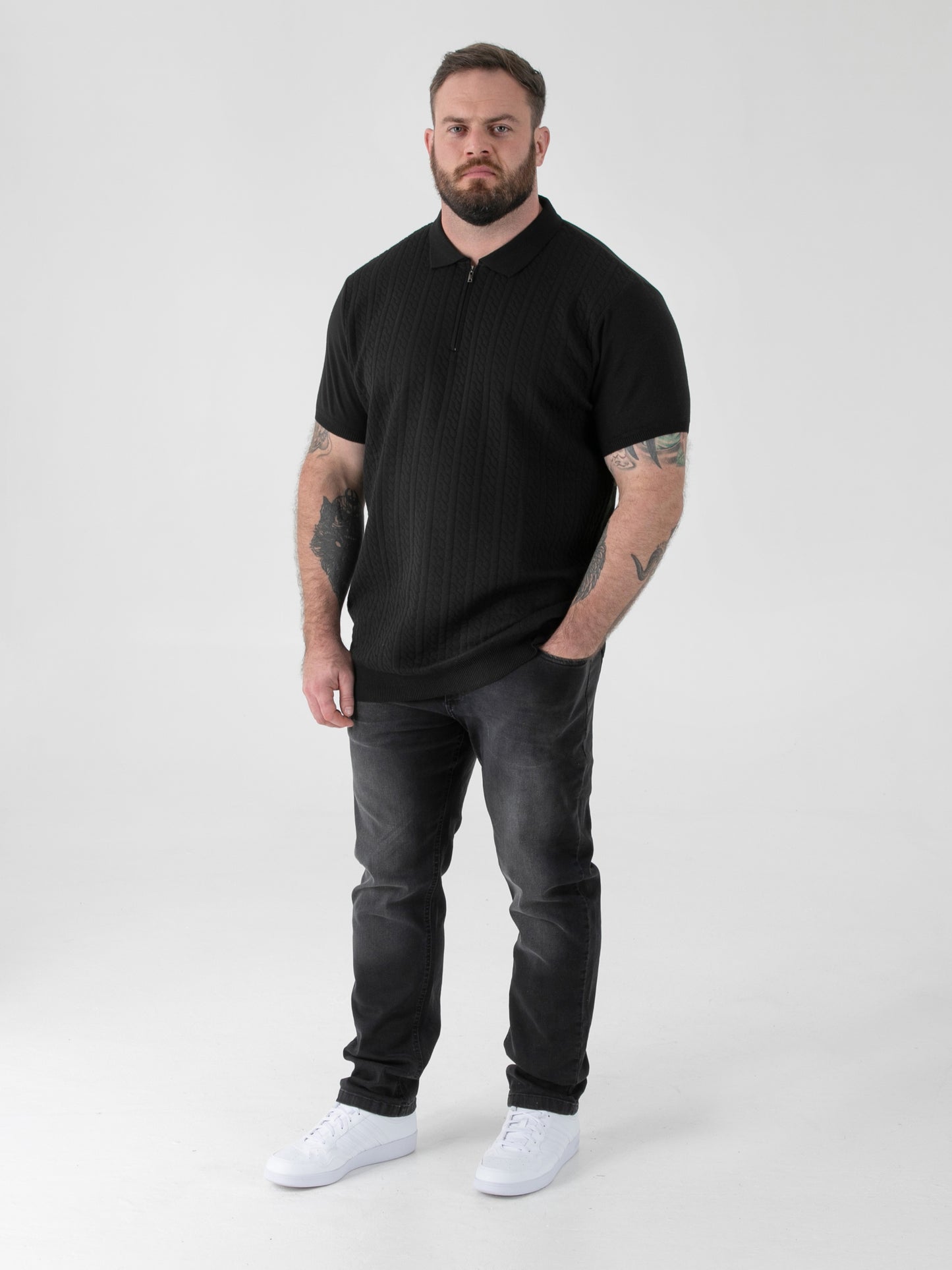 KENNEDY -D555 Black Cable Knitted Polo with Quarter Neck Zip