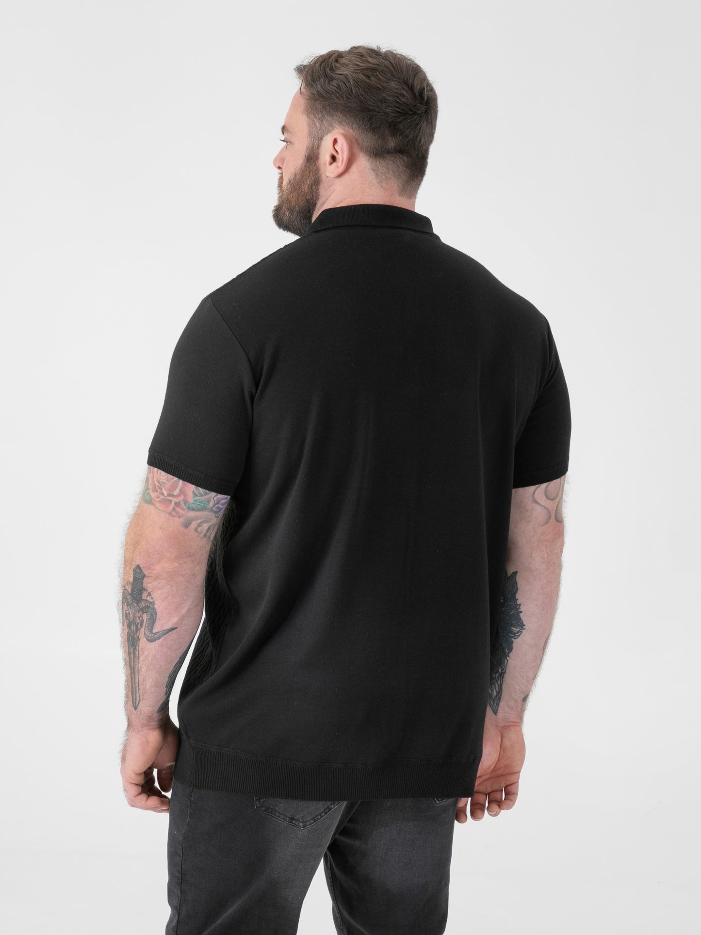 KENNEDY -D555 Black Cable Knitted Polo with Quarter Neck Zip