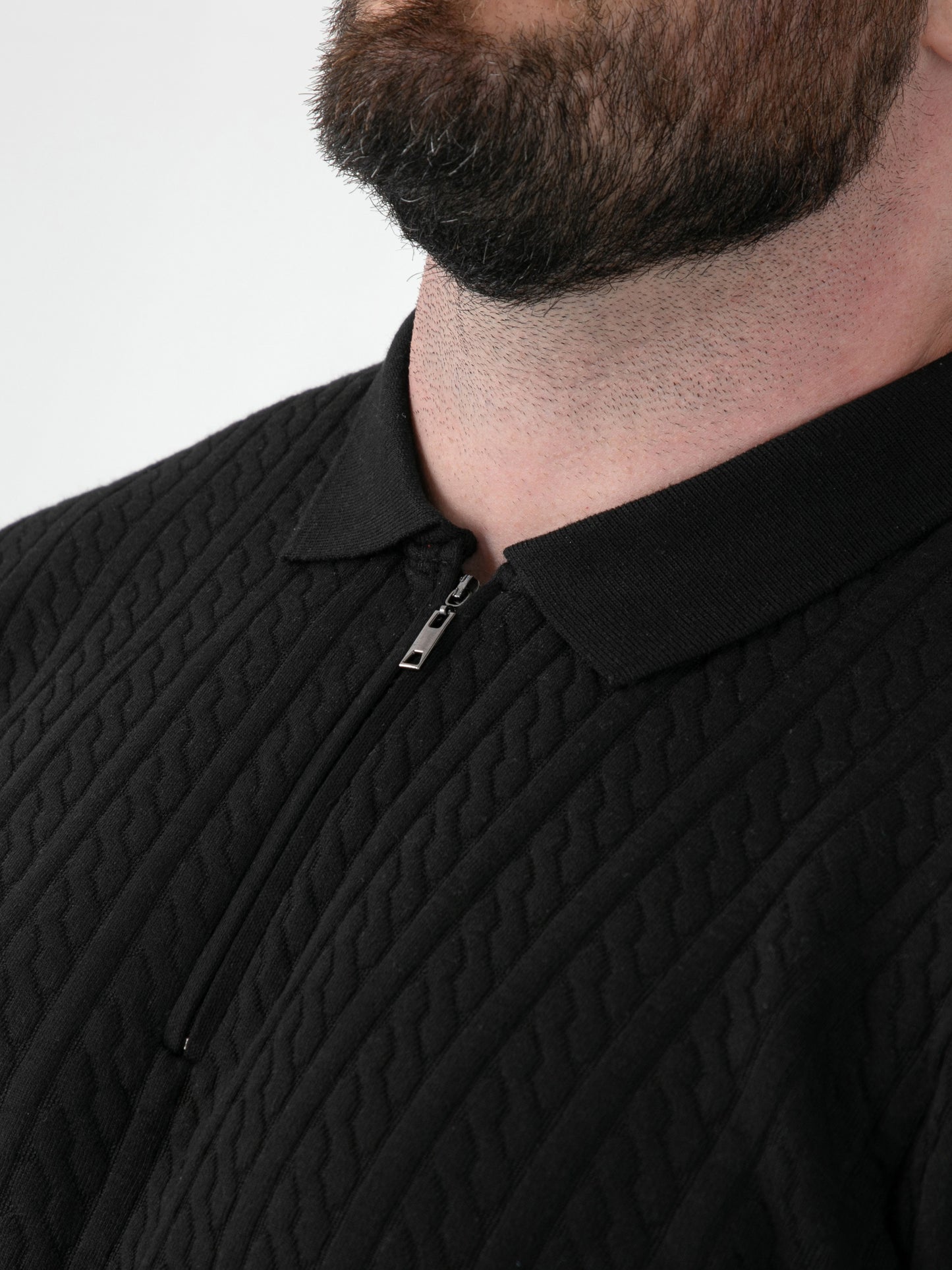 KENNEDY -D555 Black Cable Knitted Polo with Quarter Neck Zip
