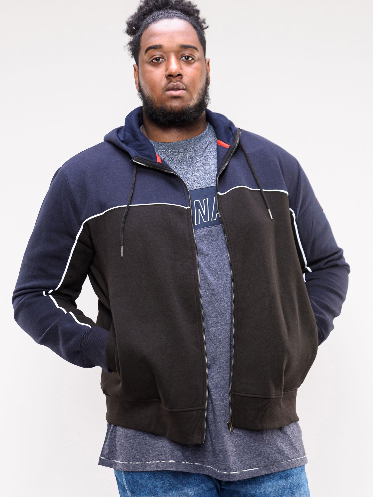 VINCENT -D555 Navy/Black Full Zip Hoody with Chest and Sleeve Piping Detail