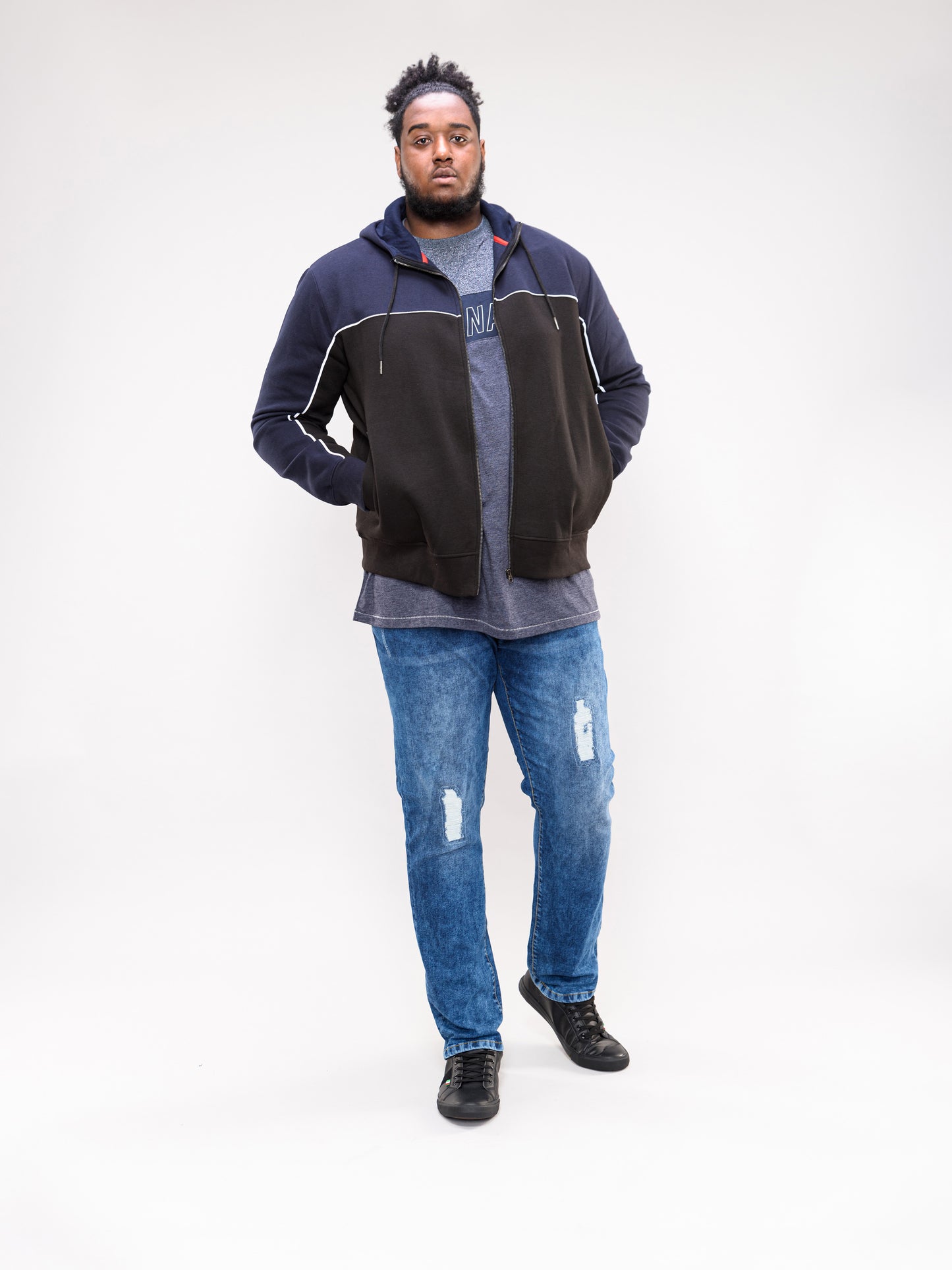 VINCENT -D555 Navy/Black Full Zip Hoody with Chest and Sleeve Piping Detail