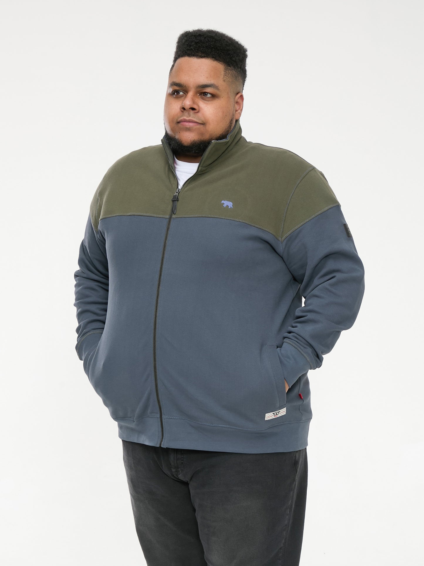 DENHAM -D555 Khaki/Grey Zip Through Pique Fleece Sweatshirt