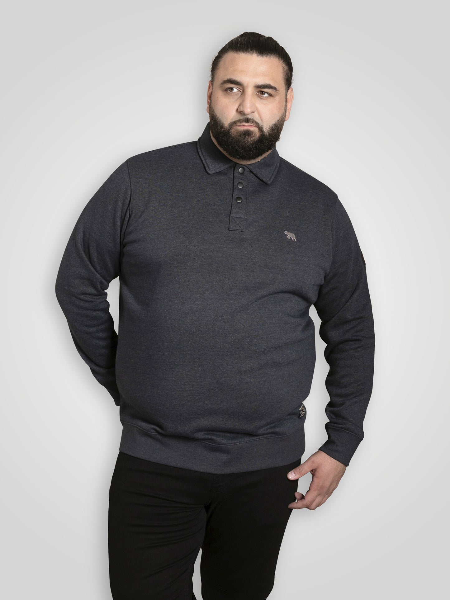SKEGNESS -D555 Dark Navy Marl Collar Sweatshirt with Black Snap Button Placket