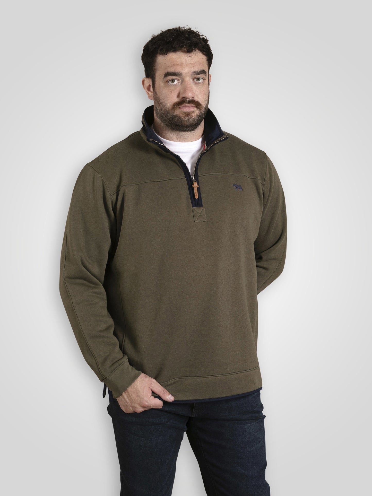 LEICESTER 2 -D555 Khaki Green Khaki Quarter Zip Neck Fleece Sweatshirt