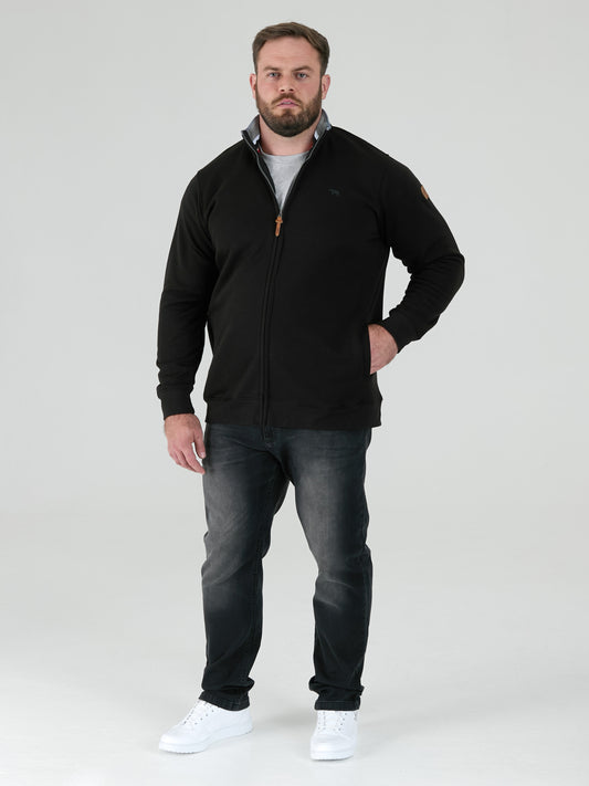 JOHNSON 1 -D555 Black Zip Through Sweatshirt In Fleece with Chest Embroidery