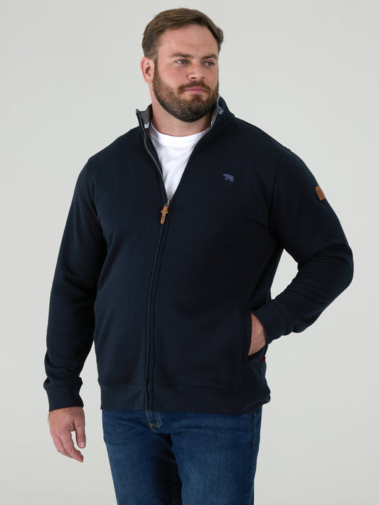 JOHNSON 2 -D555 Navy Blue Zip Through Sweatshirt In Fleece with Embroidery
