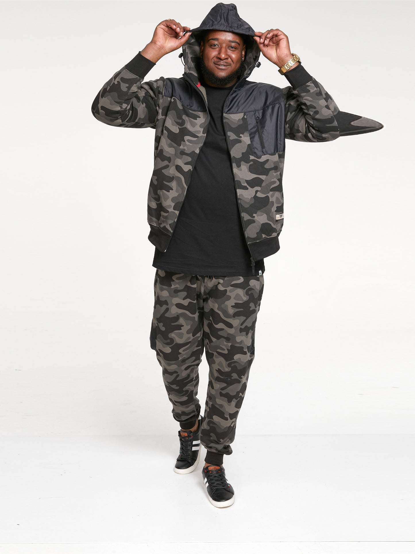 GRENDON -D555 Green Camouflage Print Full Zip Through Hoody with Ripstop Trim