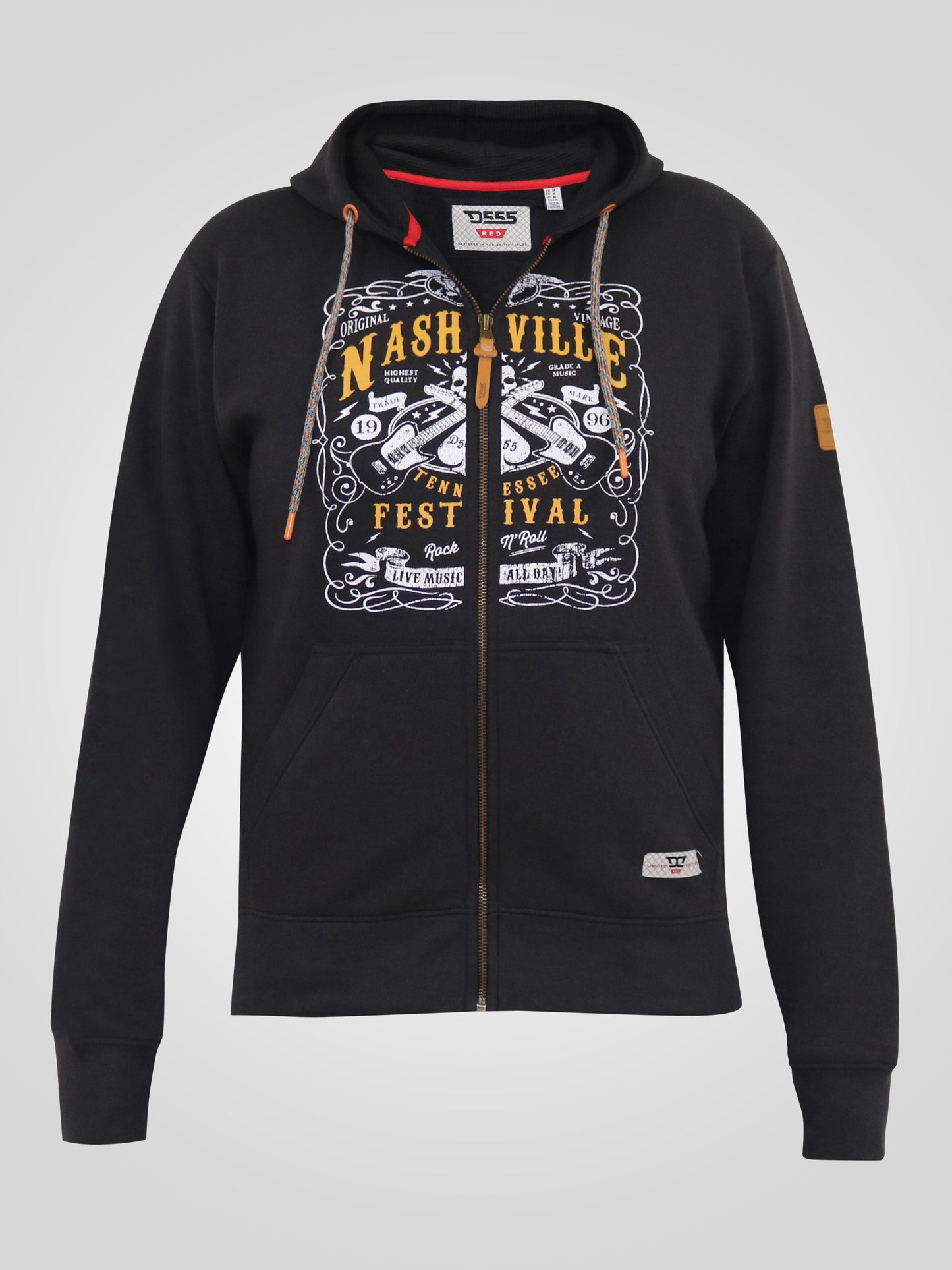 KNEBWORTH -D555 Washed Black Full Zip Hoody with Chest Print
