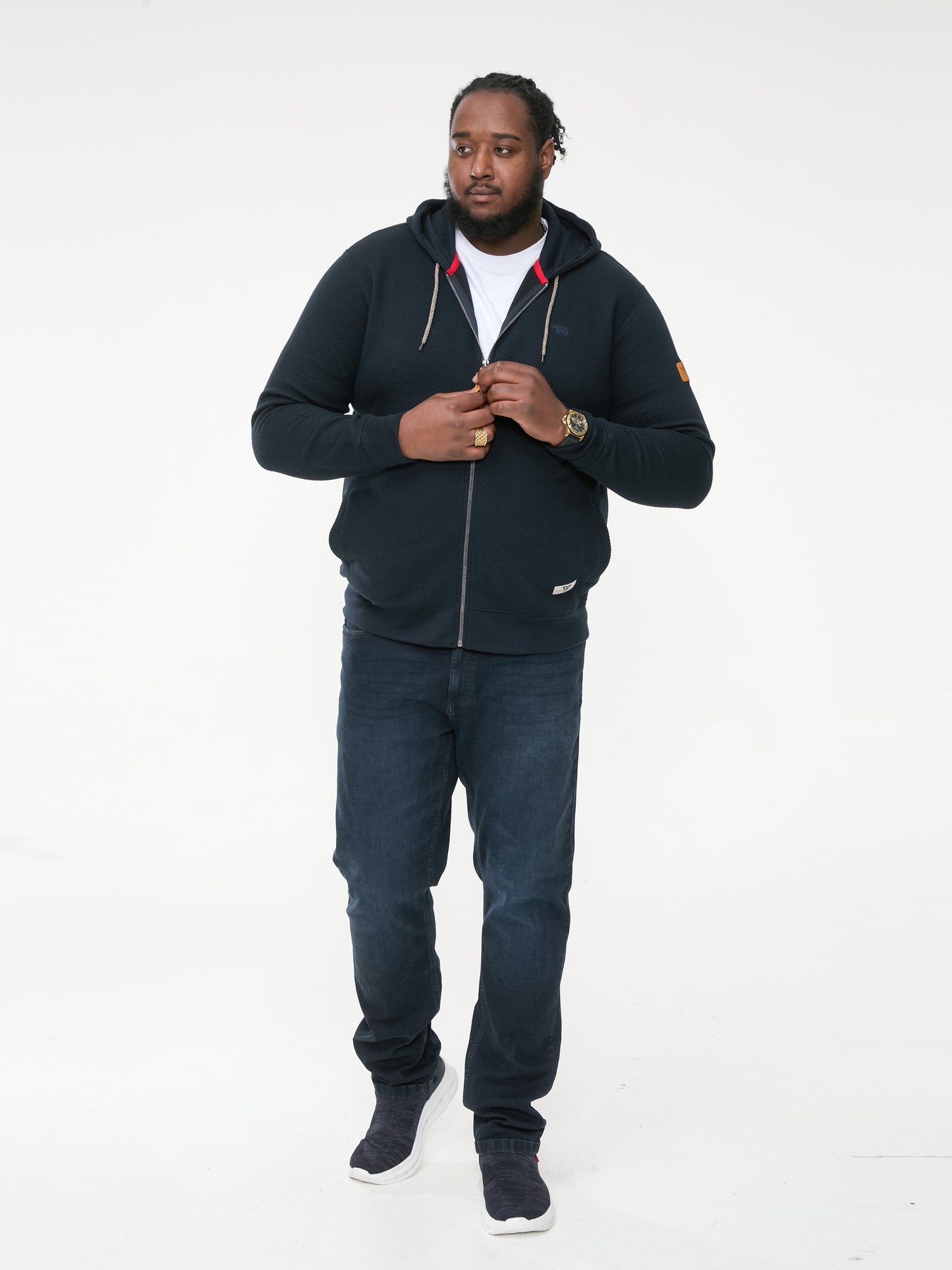 IRVIN -D555 Navy Blue Full Zip Jacquard Hoody with Chest Embroidery