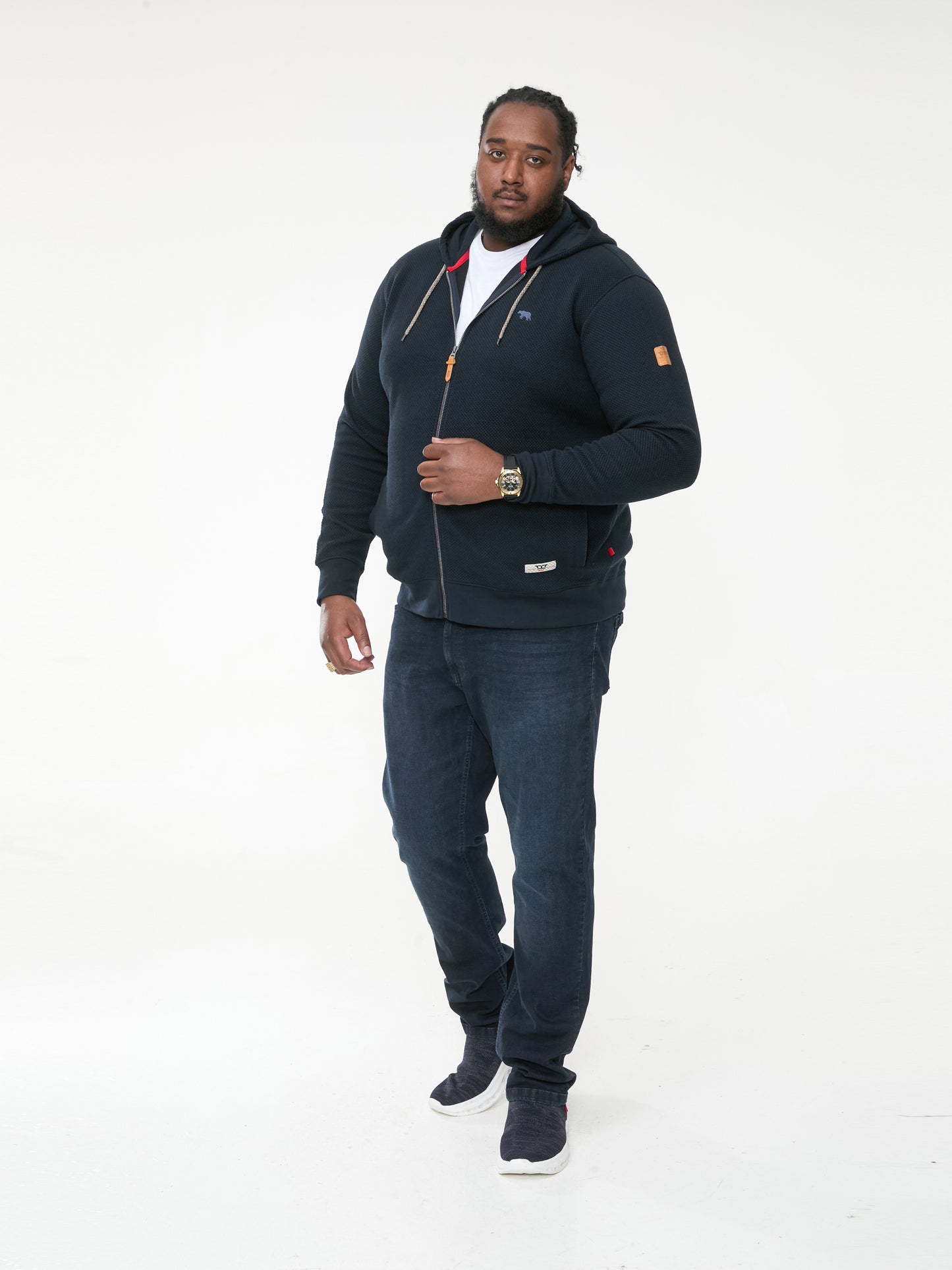 IRVIN -D555 Navy Blue Full Zip Jacquard Hoody with Chest Embroidery