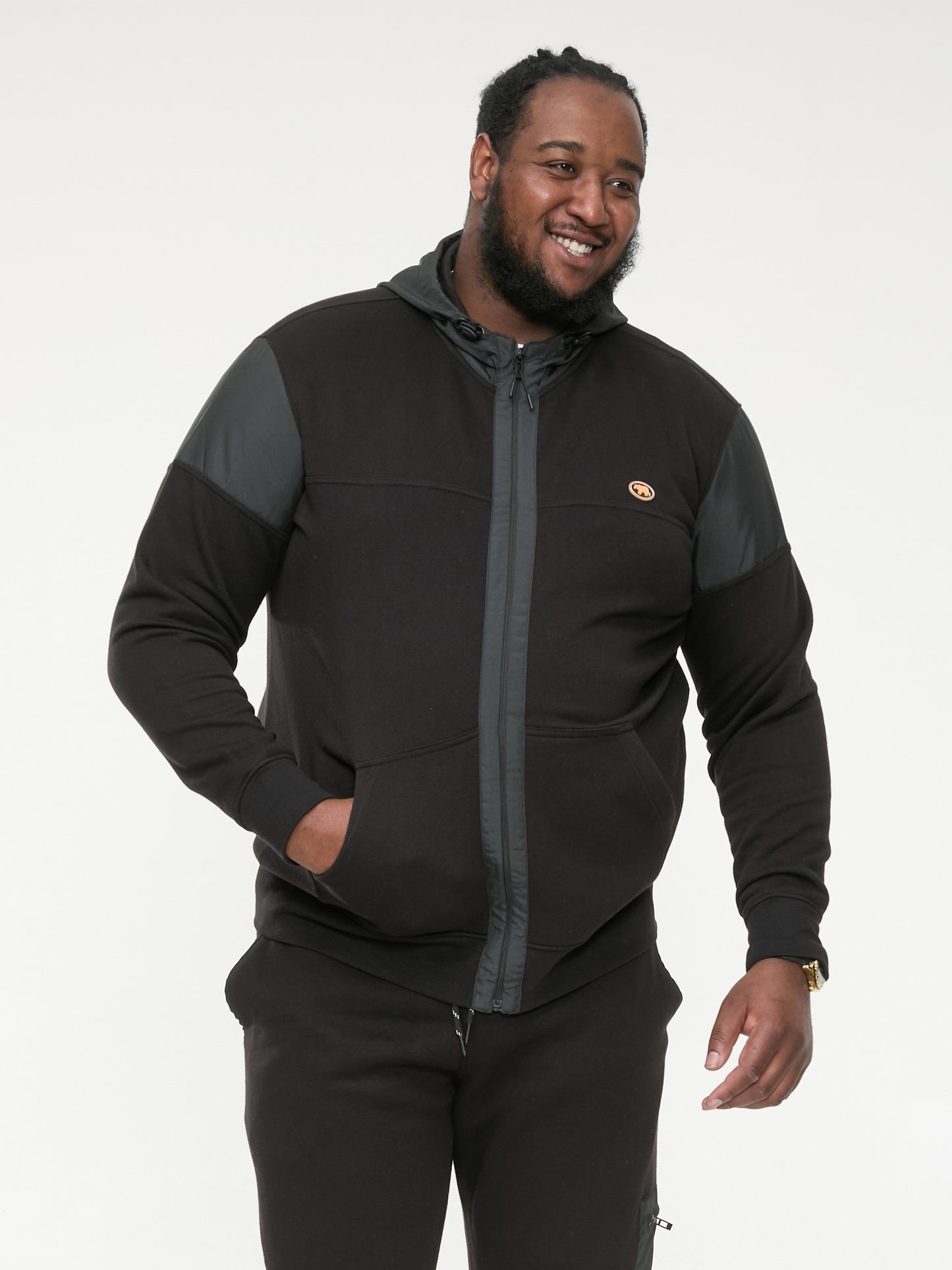 DEAN -D555 Black Couture Zip Through Hoody with Woven Contrast Trim
