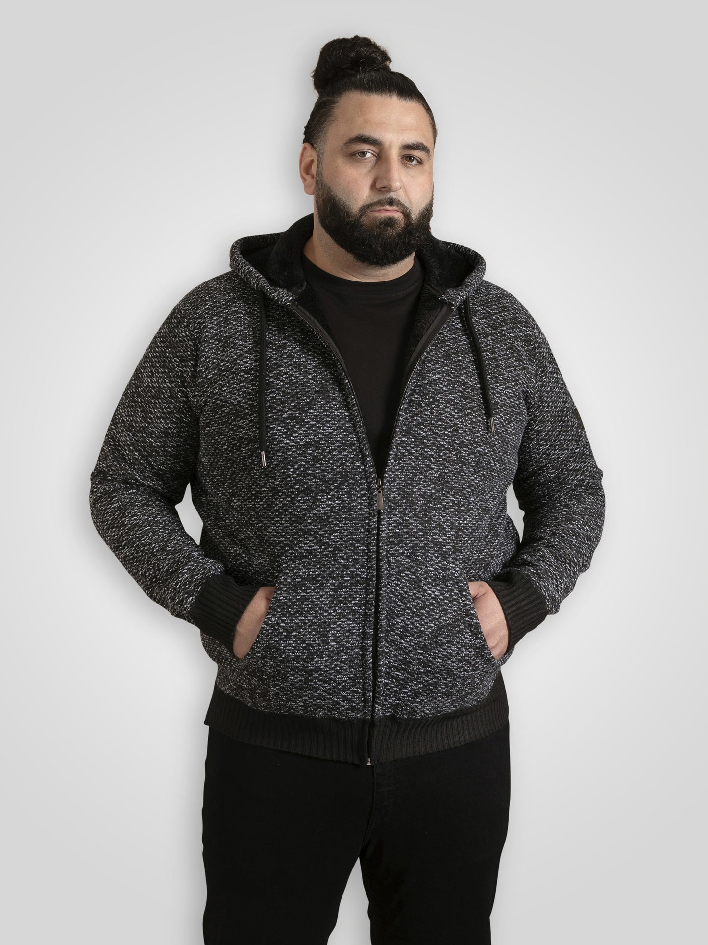 FAREHAM -D555 Black Knitted Hoody with Bonded Sherpa Lining