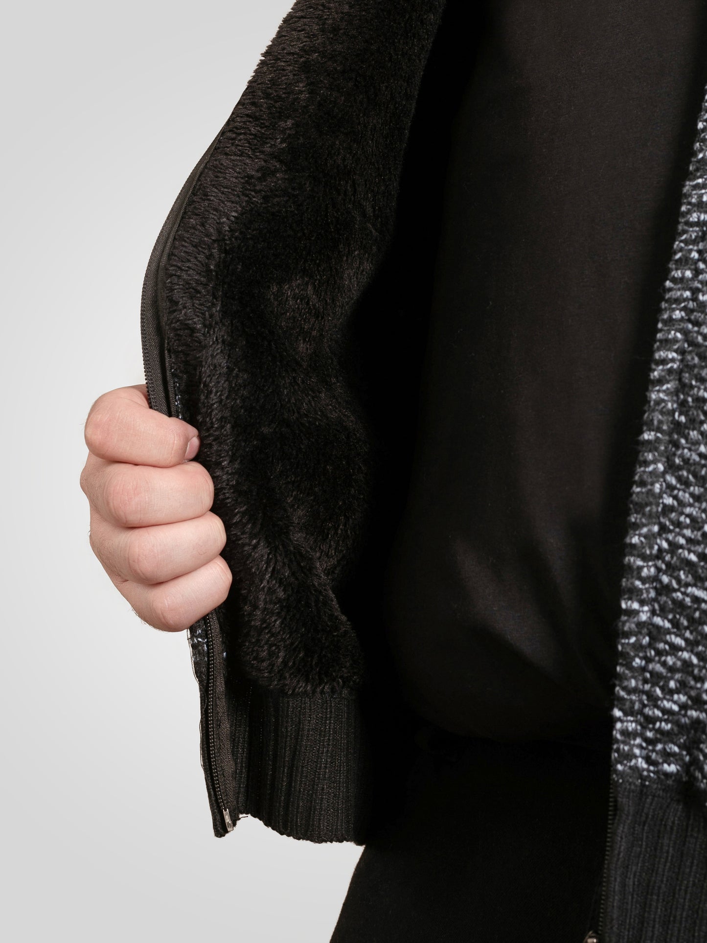 FAREHAM -D555 Black Knitted Hoody with Bonded Sherpa Lining