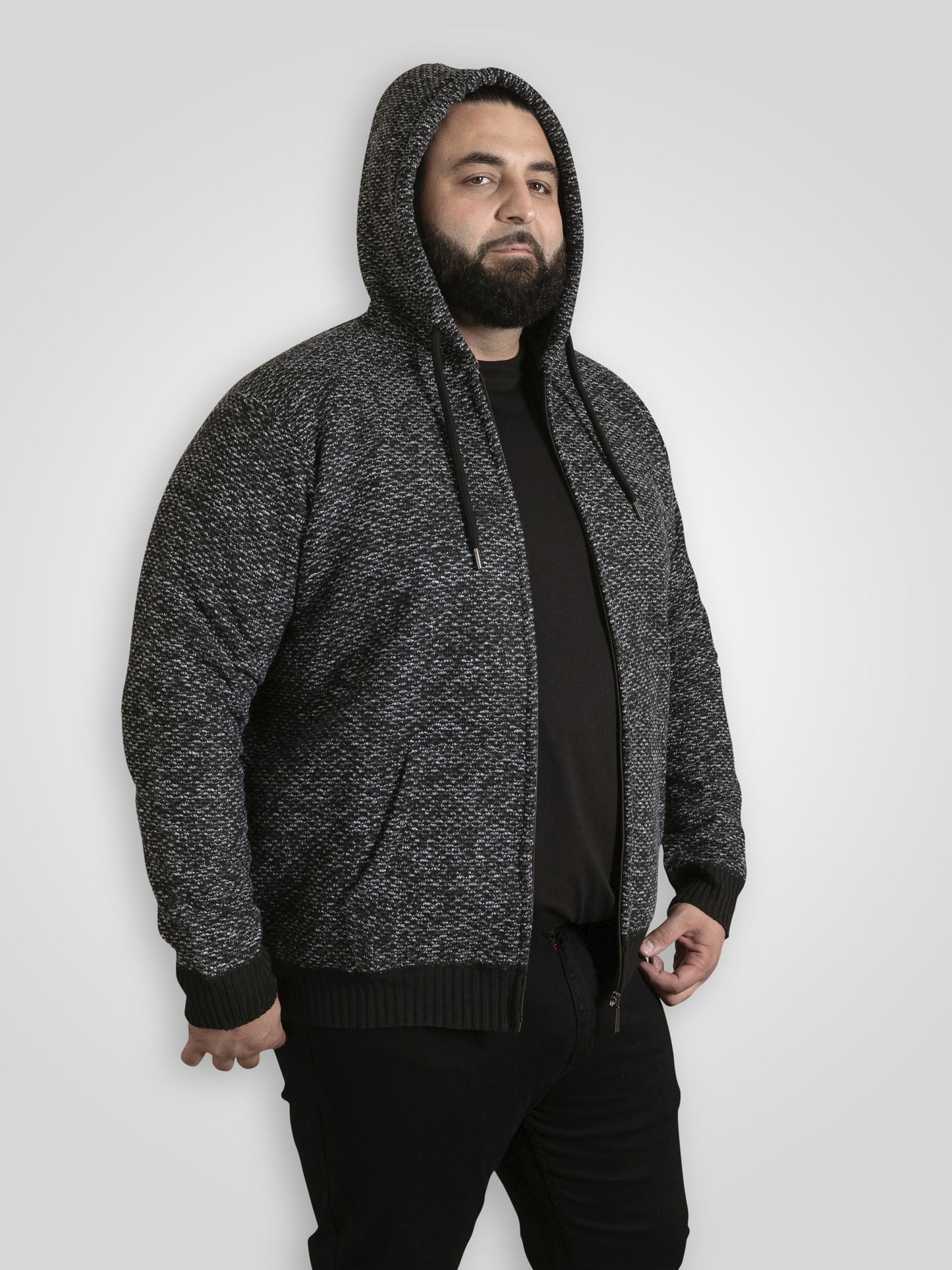 FAREHAM -D555 Black Knitted Hoody with Bonded Sherpa Lining